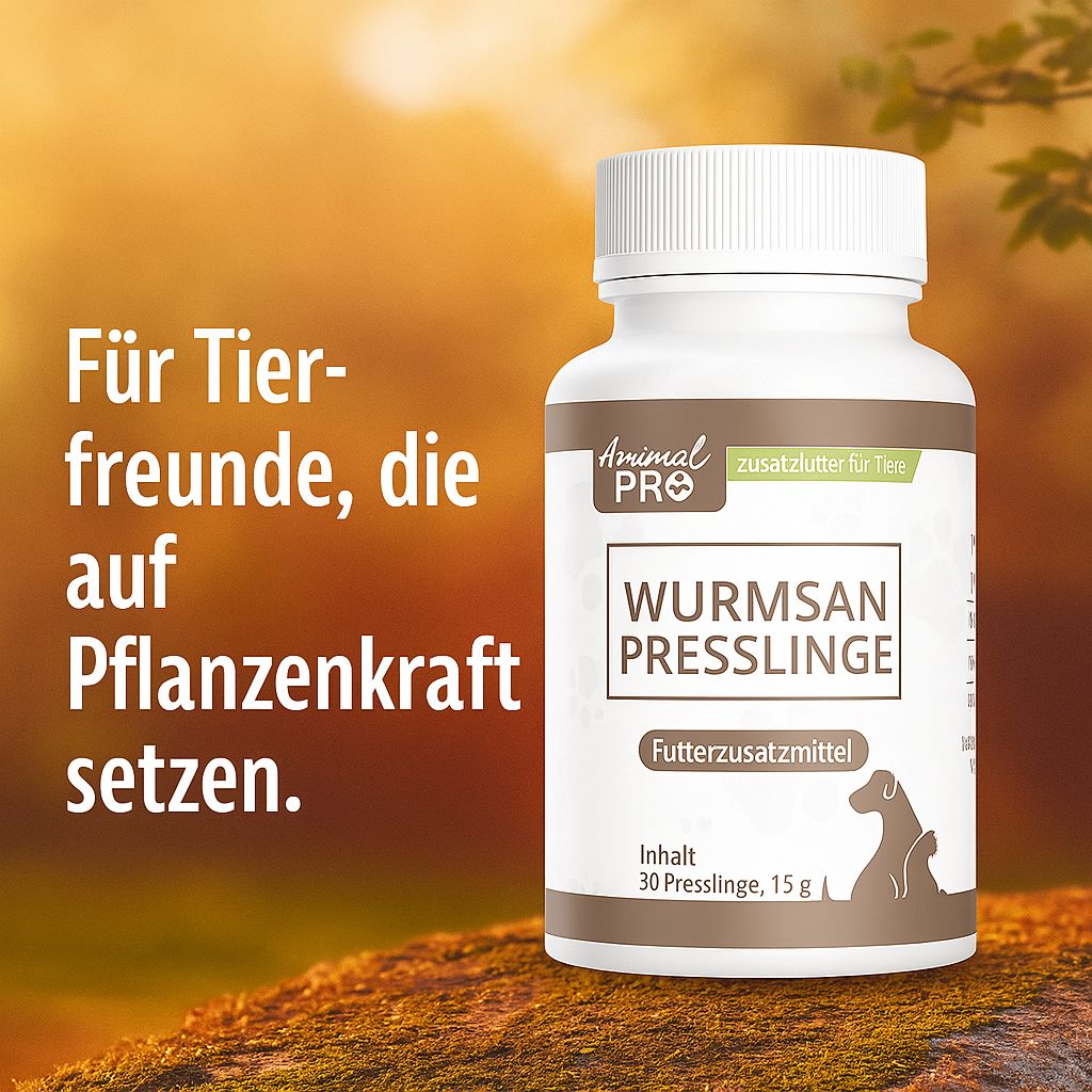 Weiße Flasche mit braunem Etikett. Aufschrift: Animal Pro, Wurmsan Presslinge, Futterzusatzmittel. Text: Für Tierfreunde, die auf Pflanzenkraft setzen.