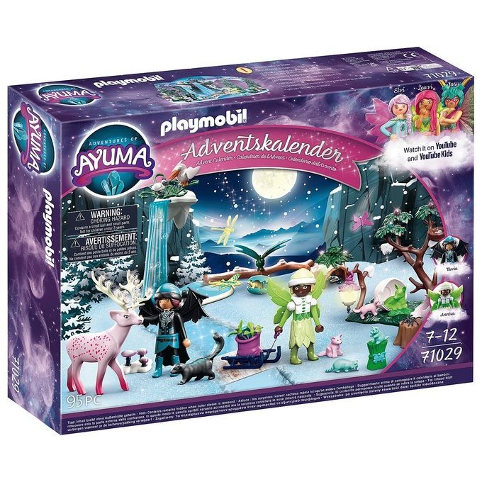 Calendario dell'Avvento Playmobil Ayuma. La confezione mostra un paesaggio invernale con personaggi e accessori. Contiene 95 pezzi. Età consigliata: 7-12 anni. Sono visibili i loghi Playmobil e Ayuma.