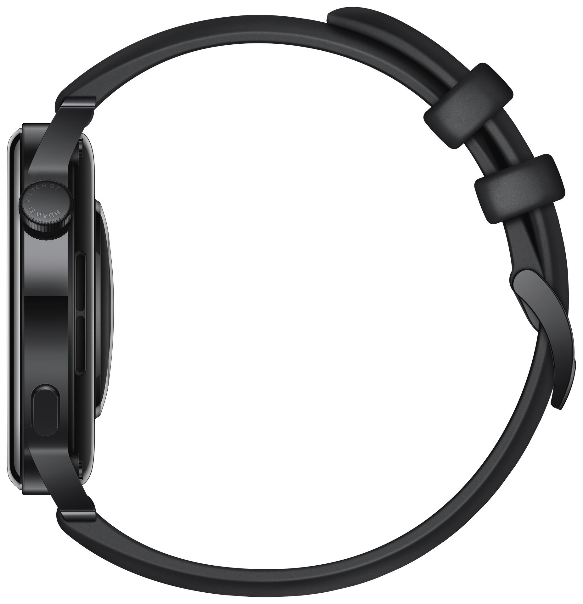 Seitenansicht einer schwarzen Smartwatch mit rundem Zifferblatt und schwarzem Armband.