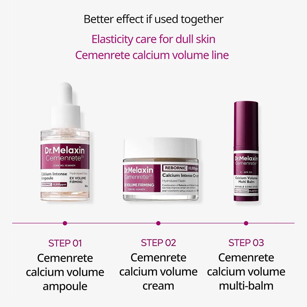 Drei Dr.Melaxin Cemenrete Kosmetikprodukte: Ampulle, Creme und Multi-Balsam.