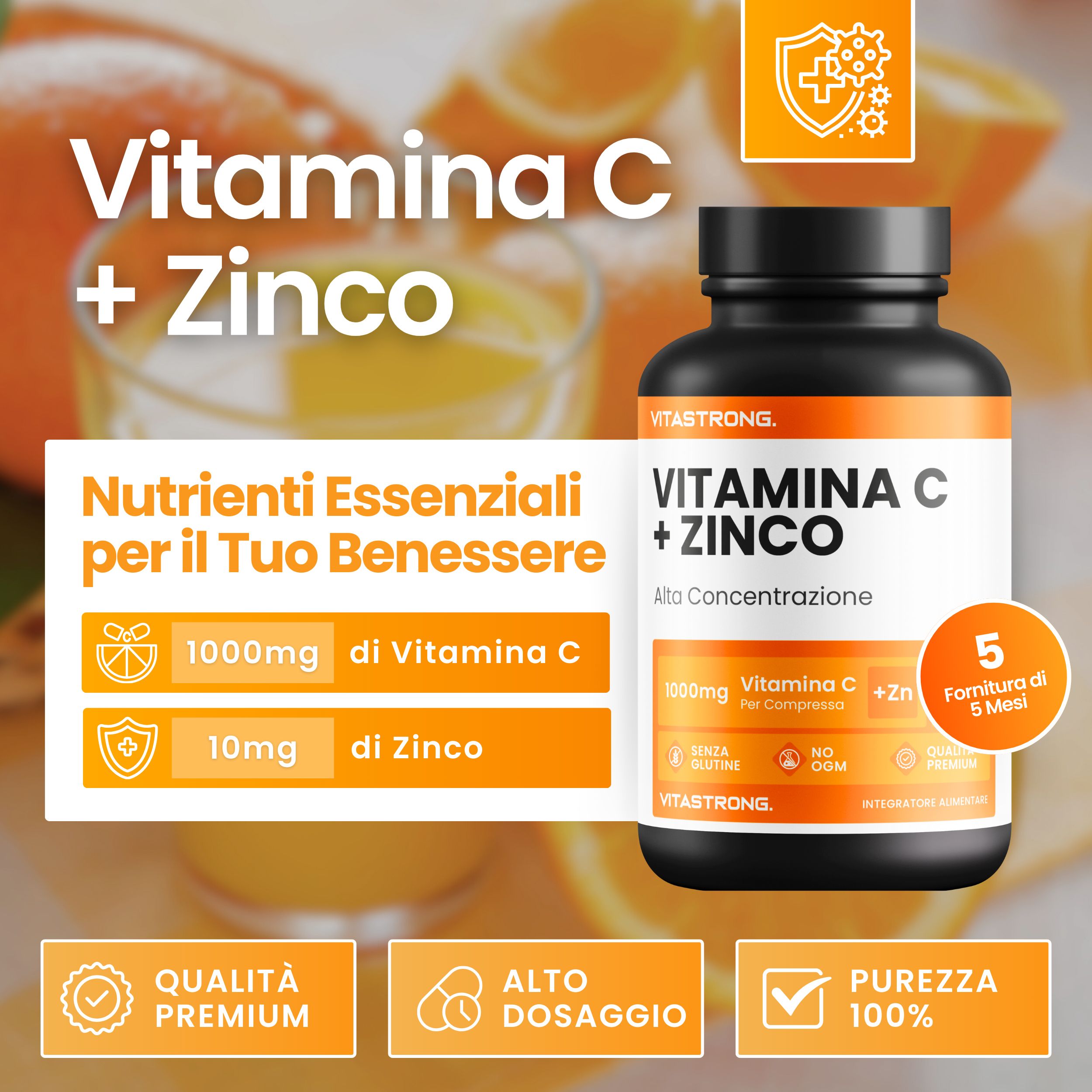 Donna in posa yoga. Testo: La vitamina C e lo zinco contribuiscono alla normale funzione del sistema immunitario. Approvato dall'EFSA.
