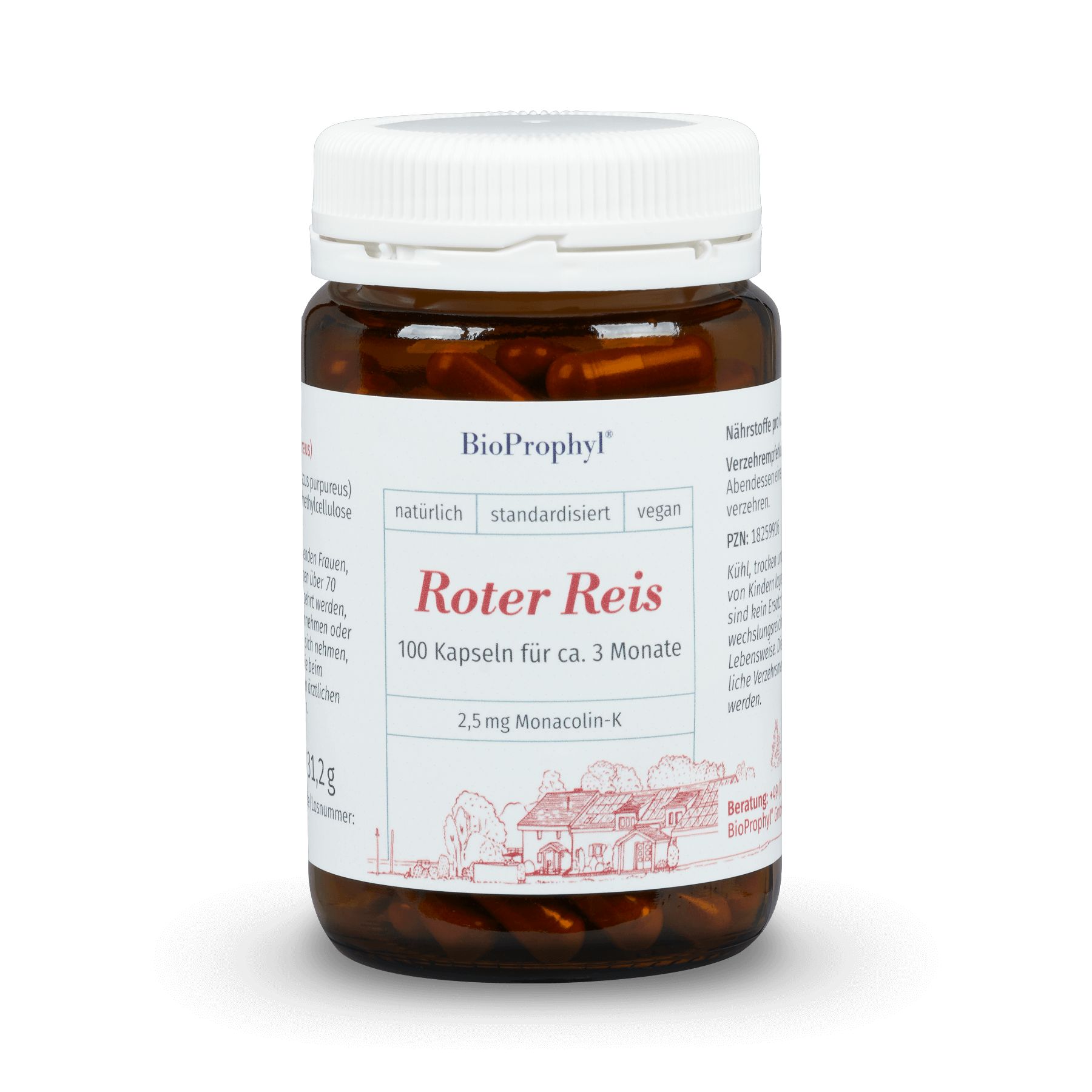 Braune Glasflasche mit weißen Deckel. Aufschrift: BioProphyl Roter Reis, 100 Kapseln. Vegan, standardisiert.