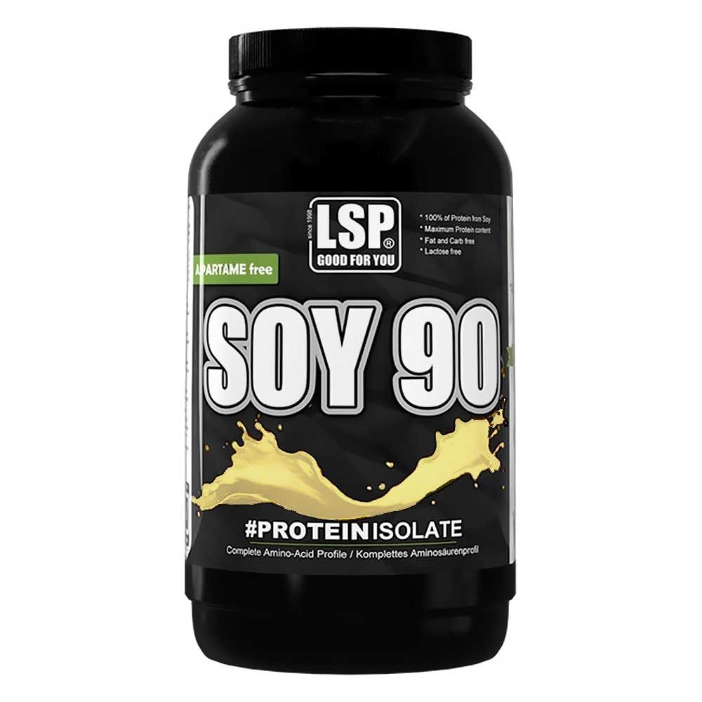 Schwarze Dose mit Aufschrift SOY 90. Enthält Protein Isolat. Marke LSP.