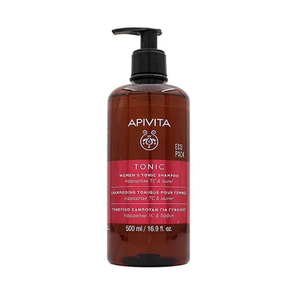 Braune Flasche mit schwarzem Pumpkopf. Aufschrift: APIVITA, TONIC, Shampoo, 500 ml.