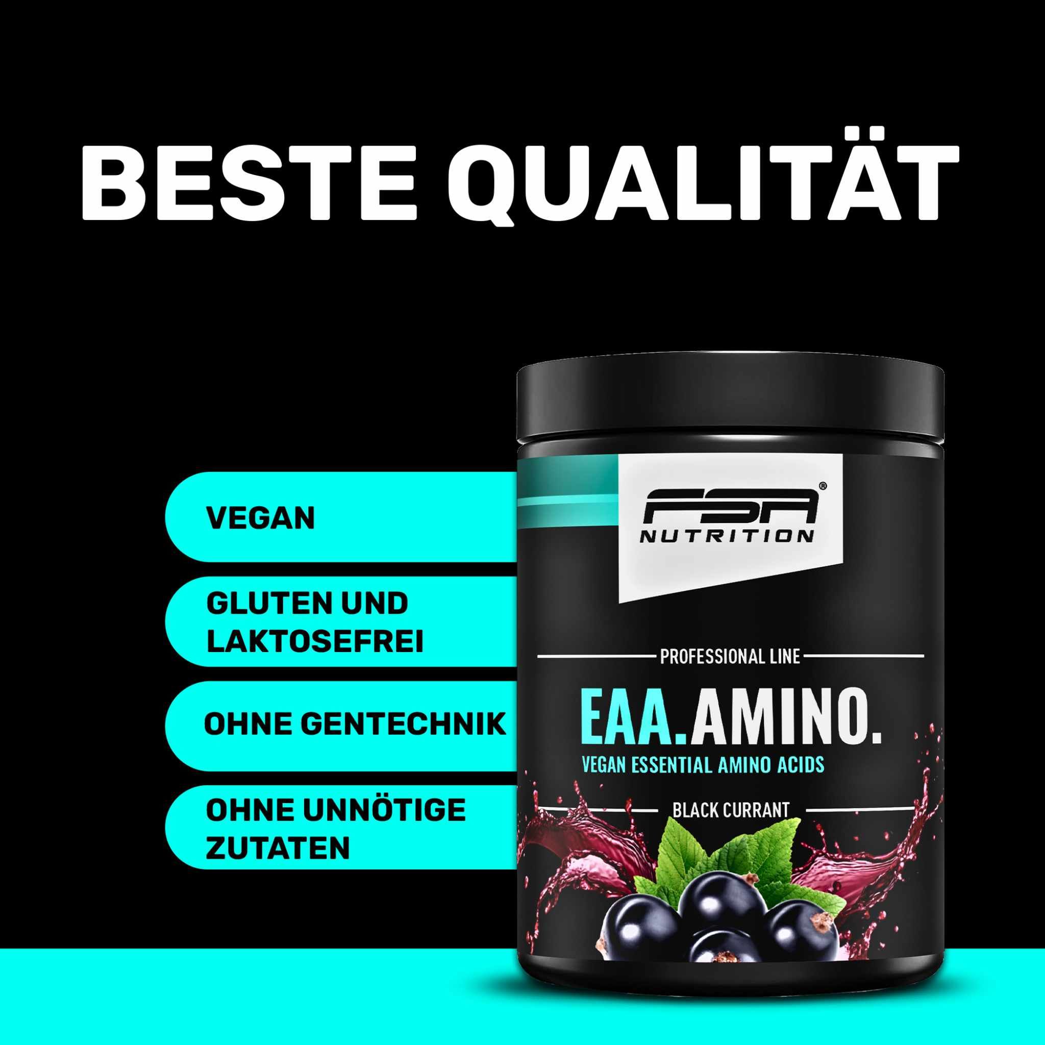 Schwarze Dose FSA Nutrition EAA Amino. Text: Vegan, Glutenfrei, Ohne Gentechnik, Ohne unnötige Zutaten. Schwarze Johannisbeeren.