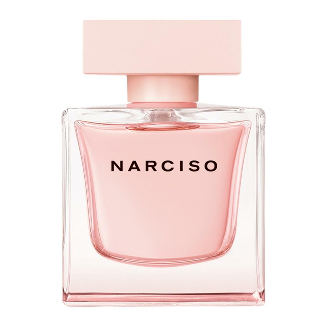 Rosa Parfümflasche. Aufschrift: Narciso. Quadratische Form mit rosa Verschluss. Klarer Glasflakon.
