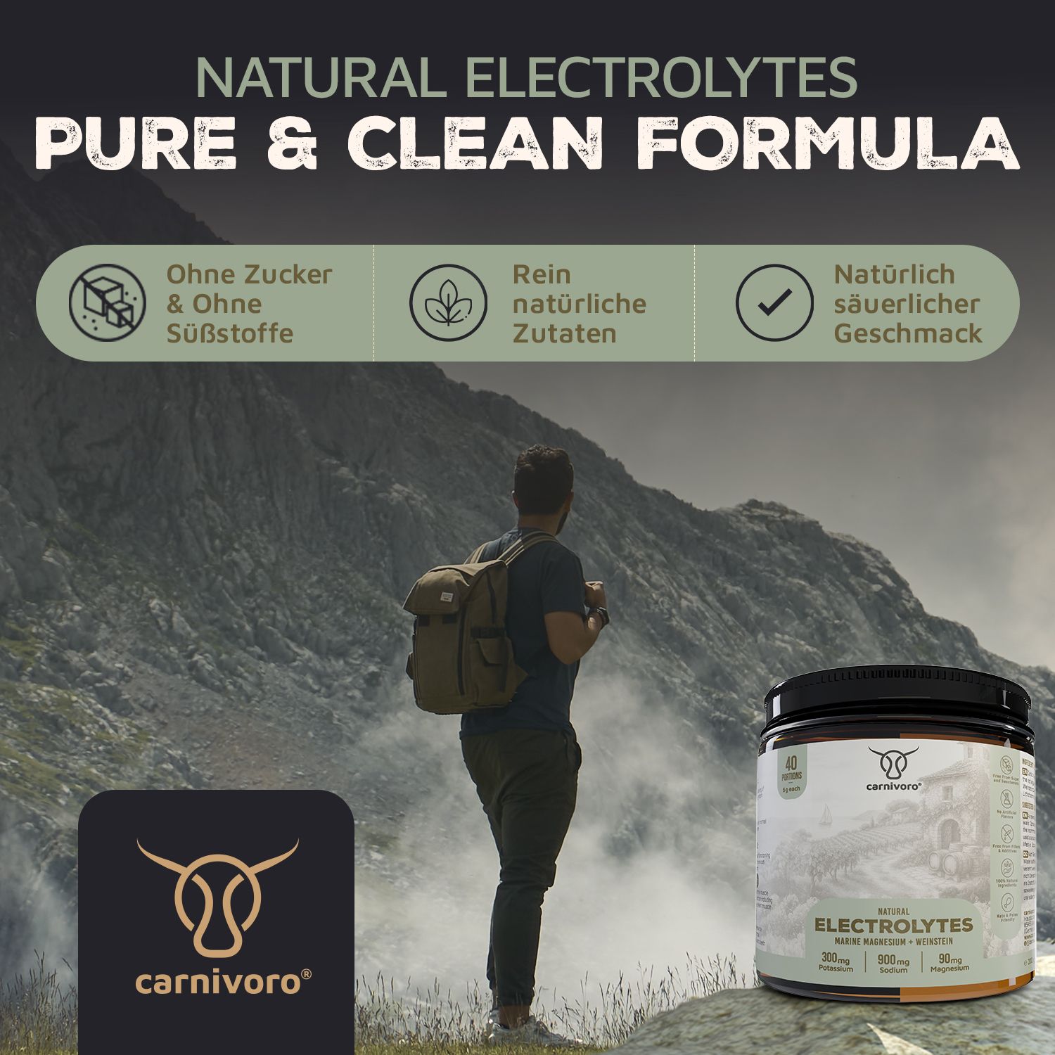 Dose carnivoro® Elektrolyte vor Landschaft. Text: NATURAL ELECTROLYTES PURE & CLEAN FORMULA. Ohne Zucker & Süßstoffe, Rein natürliche Zutaten, Natürlicher Geschmack.