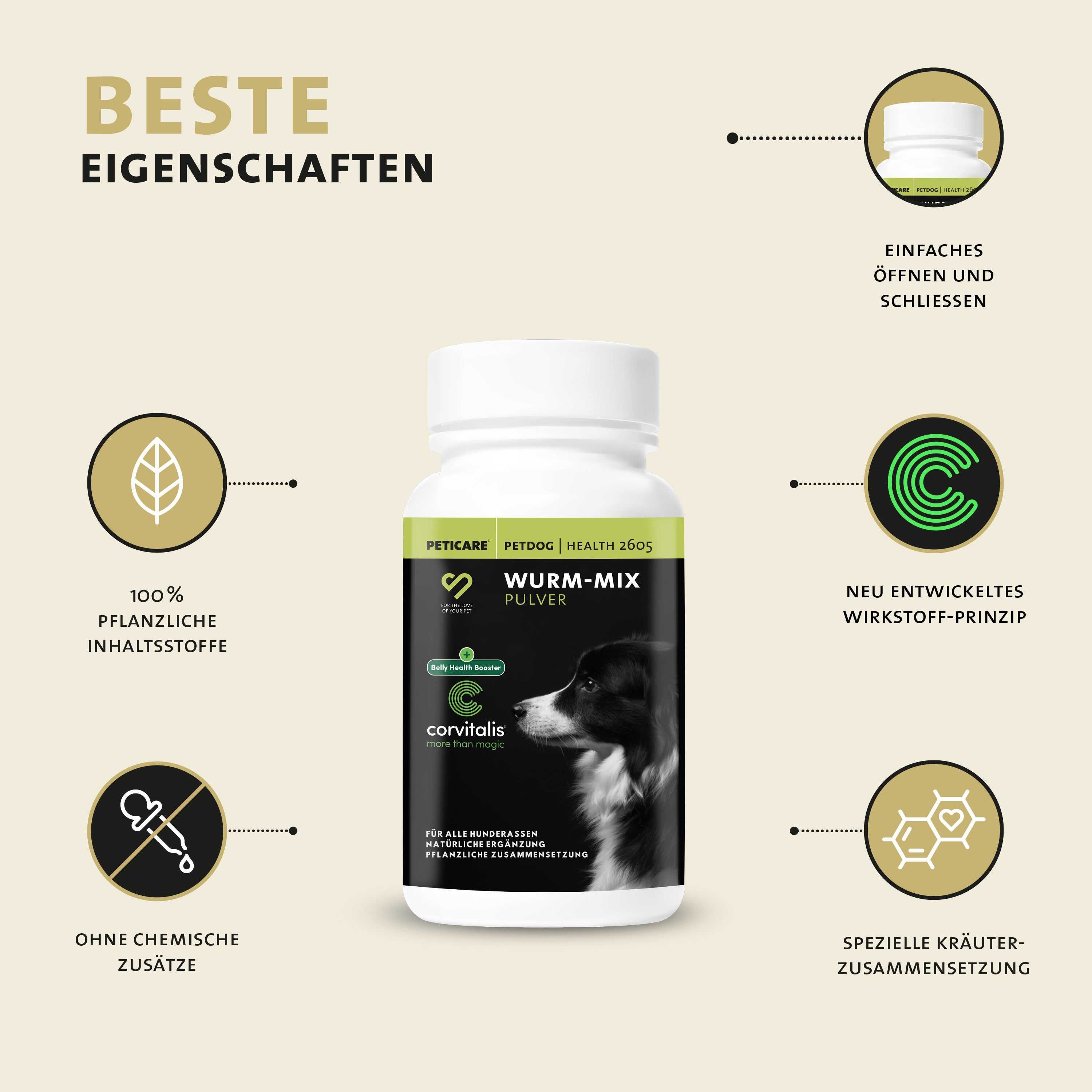 Peticare Wurm-Mix Pulver für Hunde, zur Unterstützung eines natürlichen Darmmilieus