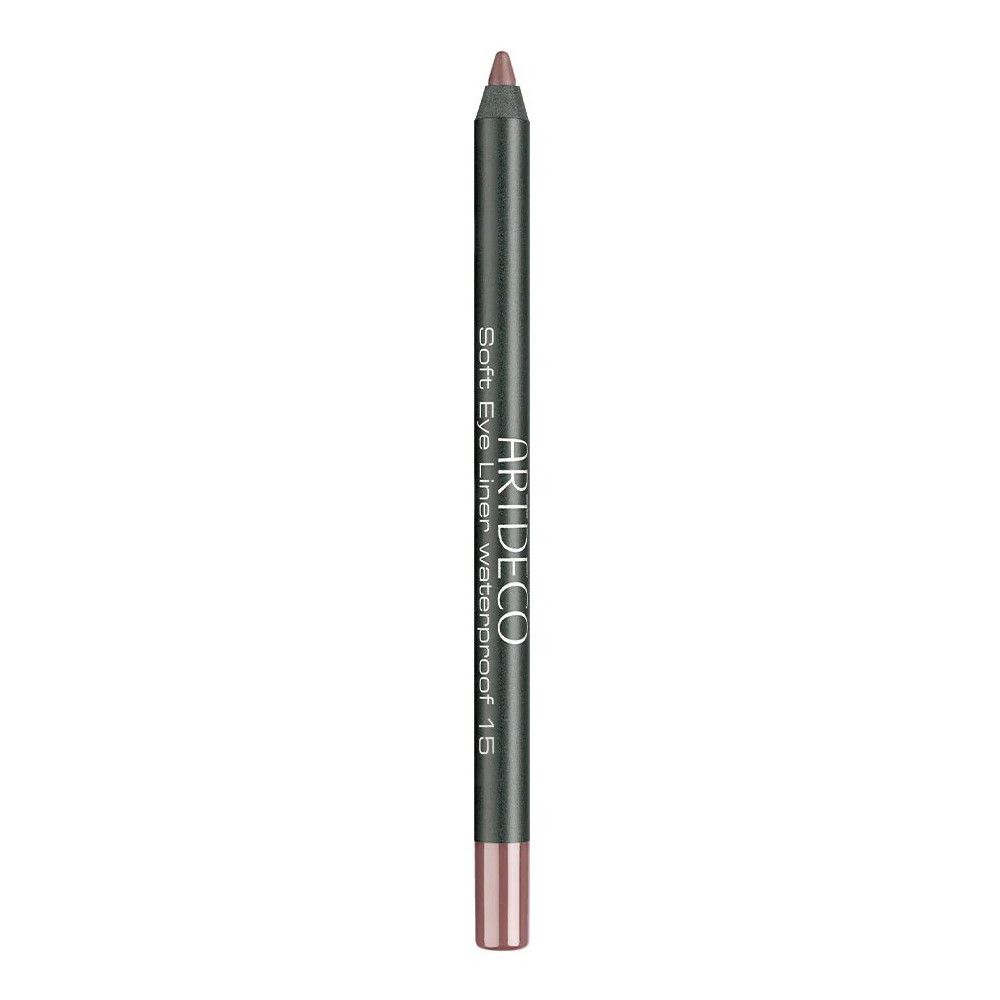 Eyeliner-Stift mit brauner Spitze. Schwarzer Schaft mit weißem Text: ARTDECO Soft Eye Liner waterproof 15.