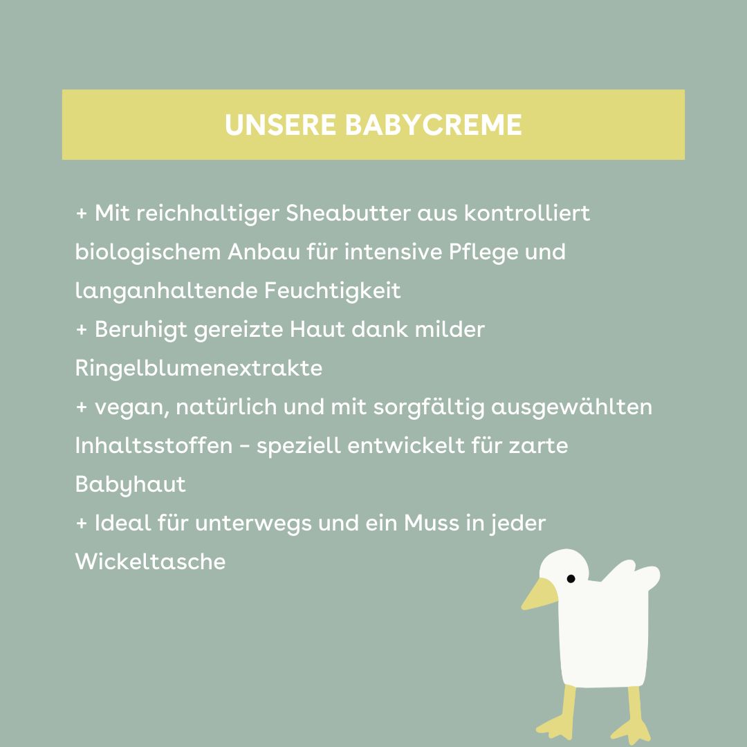 Text auf grünem Hintergrund. Überschrift: "UNSERE BABYCREME". Aufzählung von Vorteilen und Inhaltsstoffen.