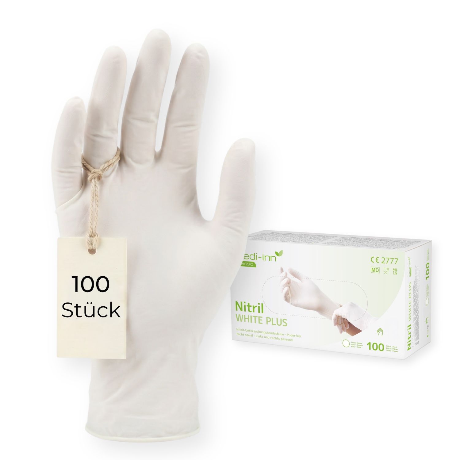 Einweg-Nitrilhandschuhe, weiß, 100 Stück. Produktverpackung und einzelner Handschuh.