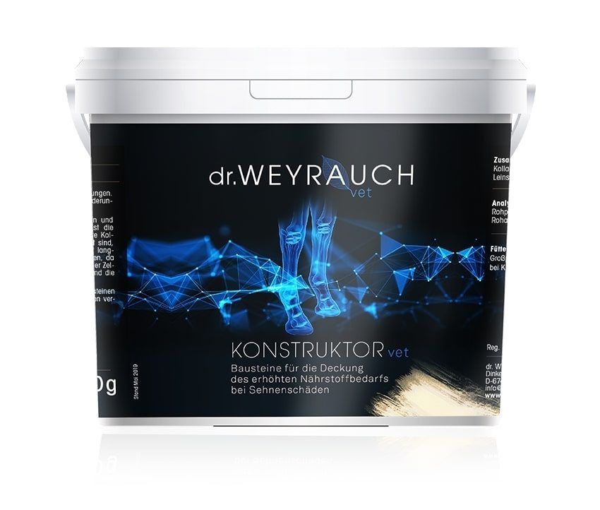 Weißer Eimer mit schwarzem Etikett. Darauf steht "dr. WEYRAUCH vet KONSTRUKTOR". Abbildung von Pferdebeinen. Text: Bausteine für den erhöhten Nährstoffbedarf bei Sehnenschäden.