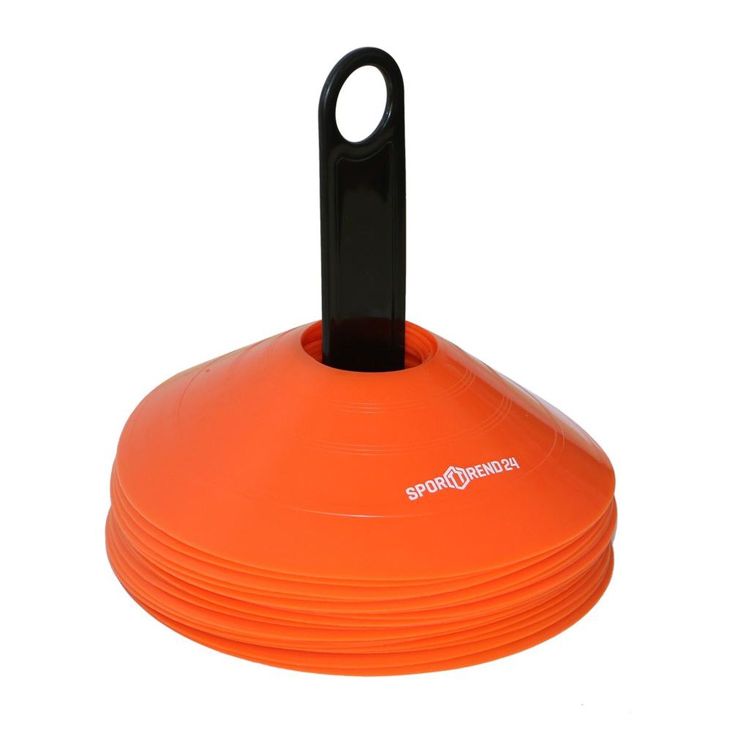Orange Markierungshütchen mit schwarzem Griff. Aufschrift: Sporttrend24. Stapel von Hütchen.