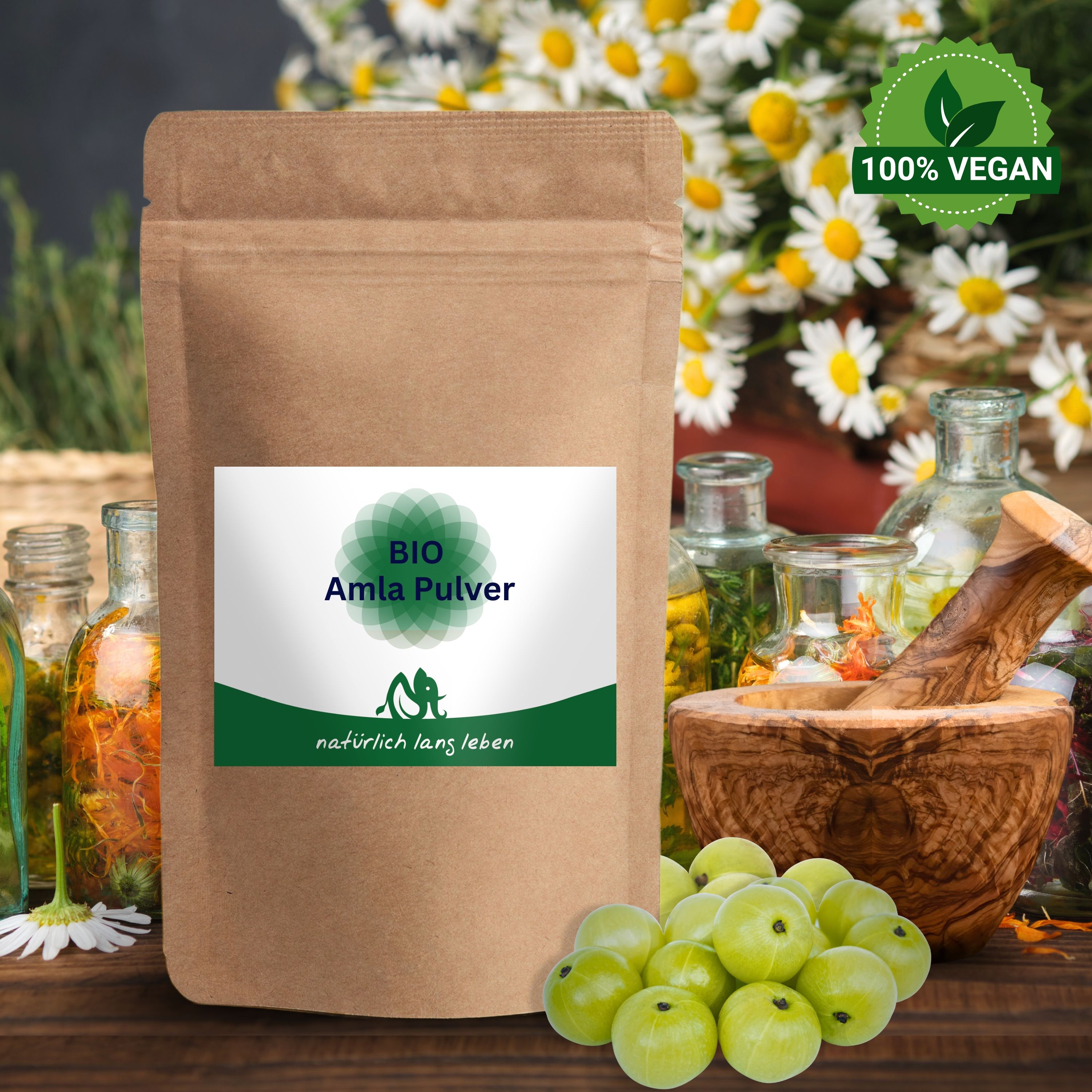 Braune Tüte mit Etikett. BIO Amla Pulver, Logo und Schriftzug.  "natürlich lang leben" steht darunter.  100% Vegan-Siegel.  Hintergrund: Kräuter und Früchte.