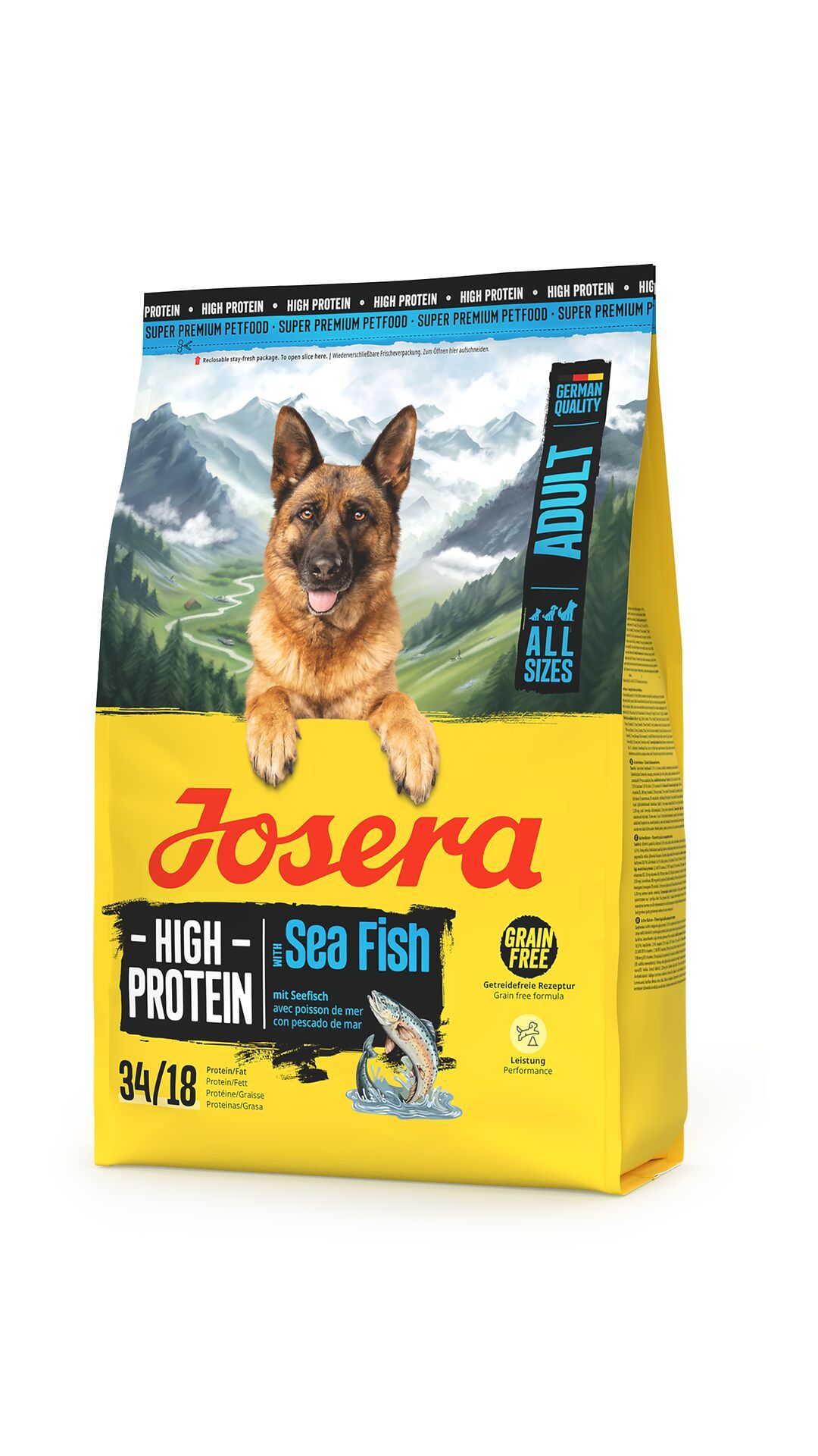Gelbe Verpackung mit Produktnamen und Abbildung eines Hundes. Enthält Text: High Protein, Sea Fish, Adult, German Quality.