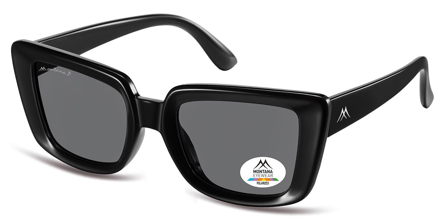 Schwarze Sonnenbrille mit quadratischen Gläsern. Montana Eyewear Logo auf dem linken Bügel und Aufkleber auf dem rechten Glas. Polarisierte Gläser.