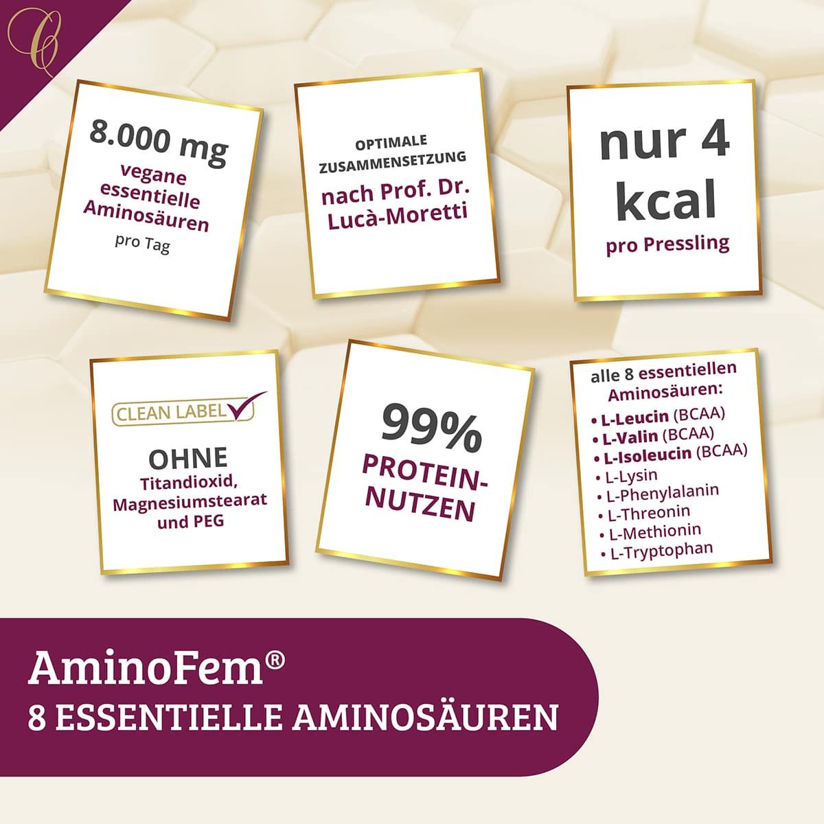 Grafik mit Informationen zu Aminosäuren. Enthält Angaben zu Inhaltsstoffen, Kalorien und Protein. Text: AminoFem® 8 essentielle Aminosäuren.