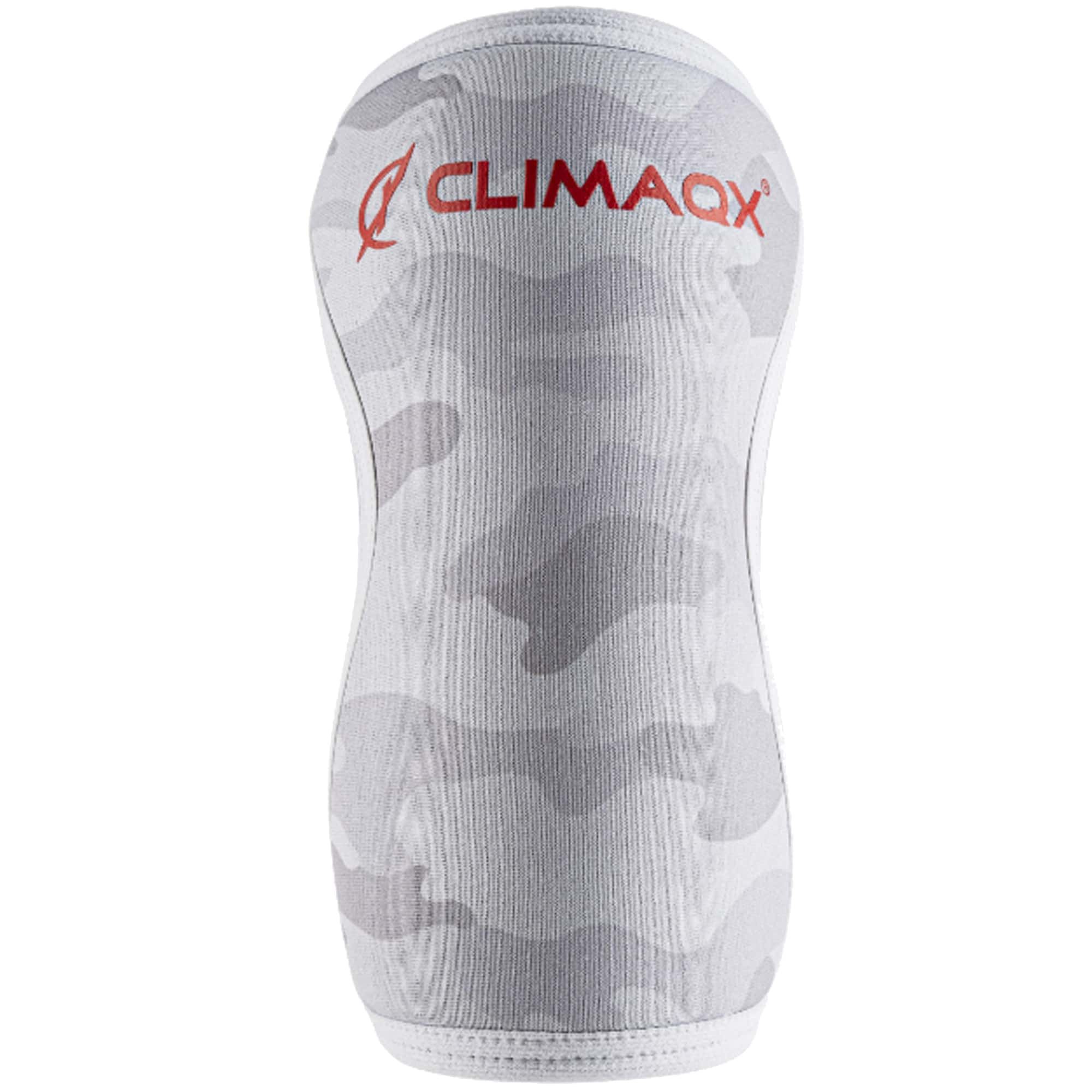 Kniebandage mit Tarnmuster. Oben steht in Rot "CLIMAQX". Das Produkt hat eine ergonomische Form und ist aus Stoff gefertigt.