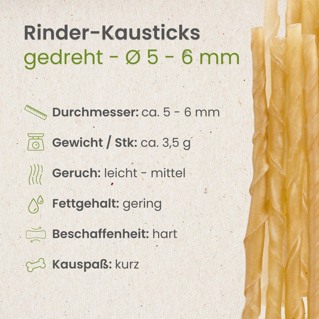 Gedrehte Rinder-Kausticks, Durchmesser 5-6 mm, hart, geringer Fettgehalt.