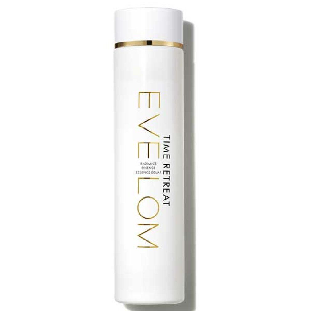 Weiße Flasche mit goldfarbenem Schriftzug: EVE LOM, TIME RETREAT, RADIANCE ESSENCE ÉCLAT. Goldener Ring am Deckel.