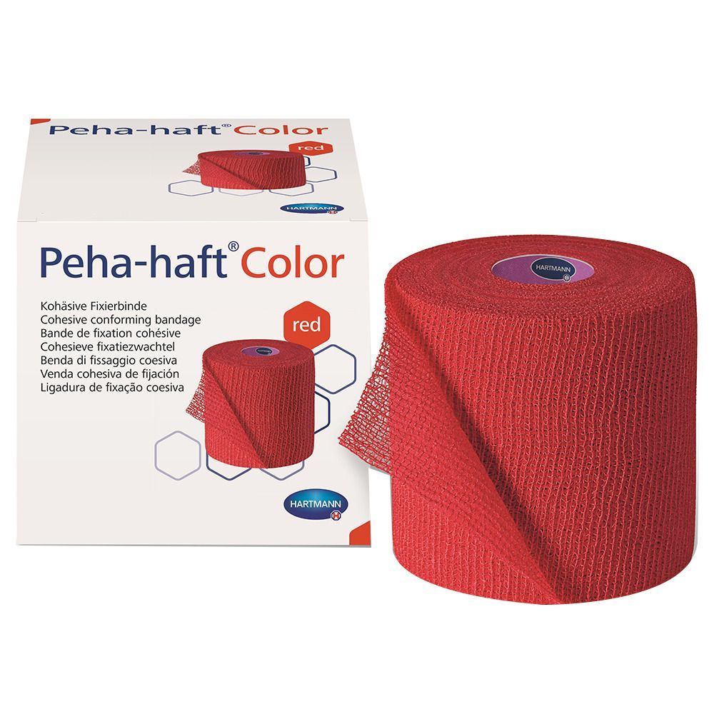 Rolle rote Peha-haft Color Fixierbinde neben der Verpackung. 6 cm x 20 m. Hartmann-Logo.