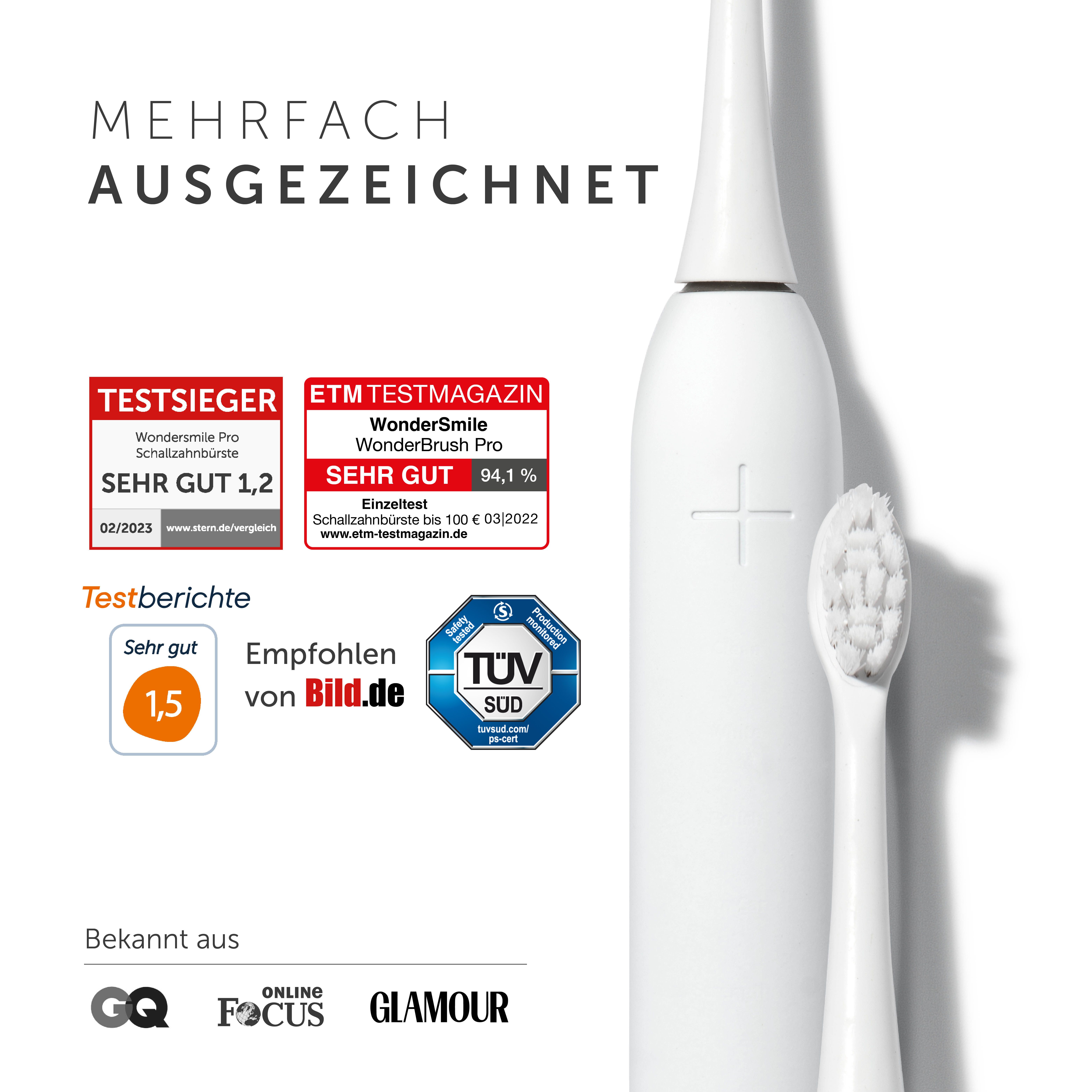 Weiße elektrische Zahnbürste mit Bürstenkopf. Text: Mehrfach ausgezeichnet. Testberichte, Auszeichnungen, Logos von Zeitschriften.