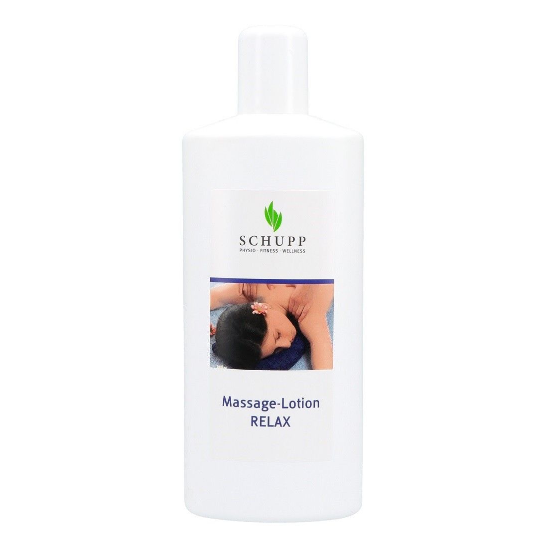 Weiße Flasche mit Etikett. Logo und Produktname: Schupp Massage-Lotion Relax. Abbildung einer Person bei der Massage.