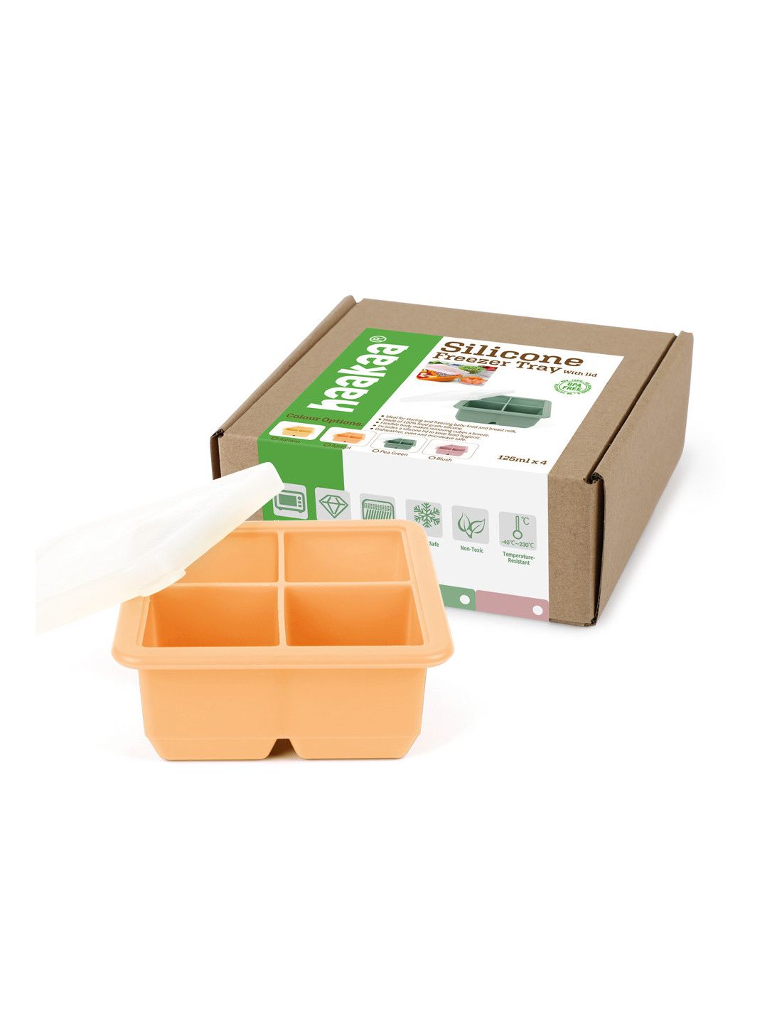 Orangefarbene Form mit 4 Fächern, Deckel und Verpackung. Quadratisch, aus Silikon. Verpackung mit Logo.