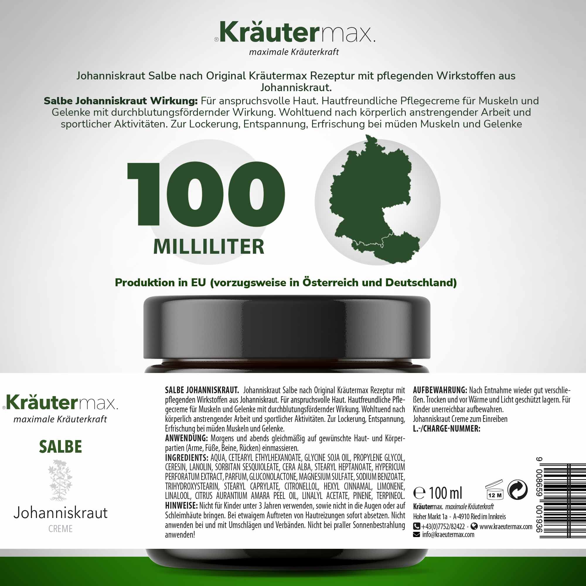 Braune Glasdose mit schwarzem Deckel. Etikett mit Produktinformationen. 100 ml. Text: Salbe Johanniskraut. EU-Produktion.