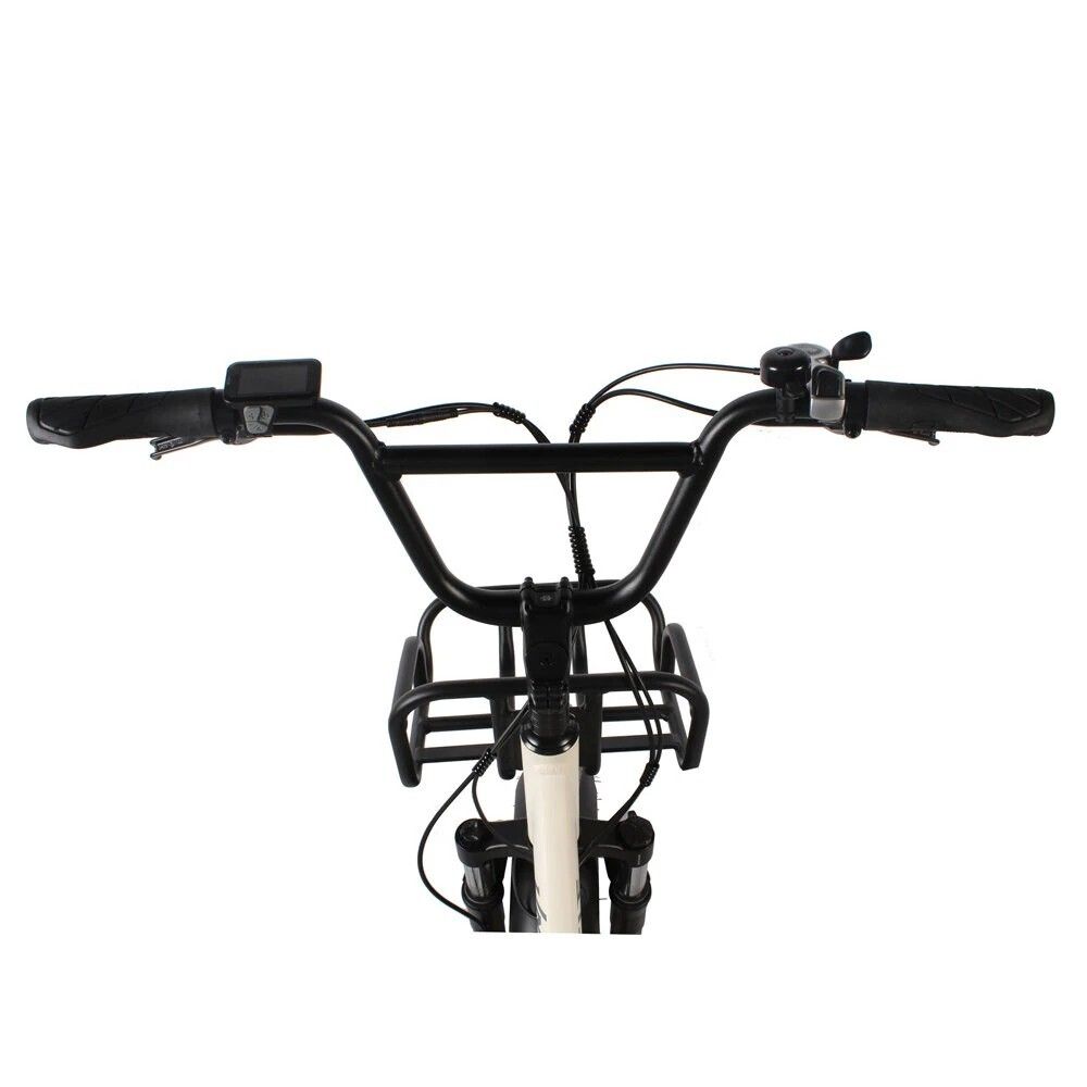 Lenker eines Elektrofahrrads mit Bedienelementen und Frontkorb. Marke: Univercycle.