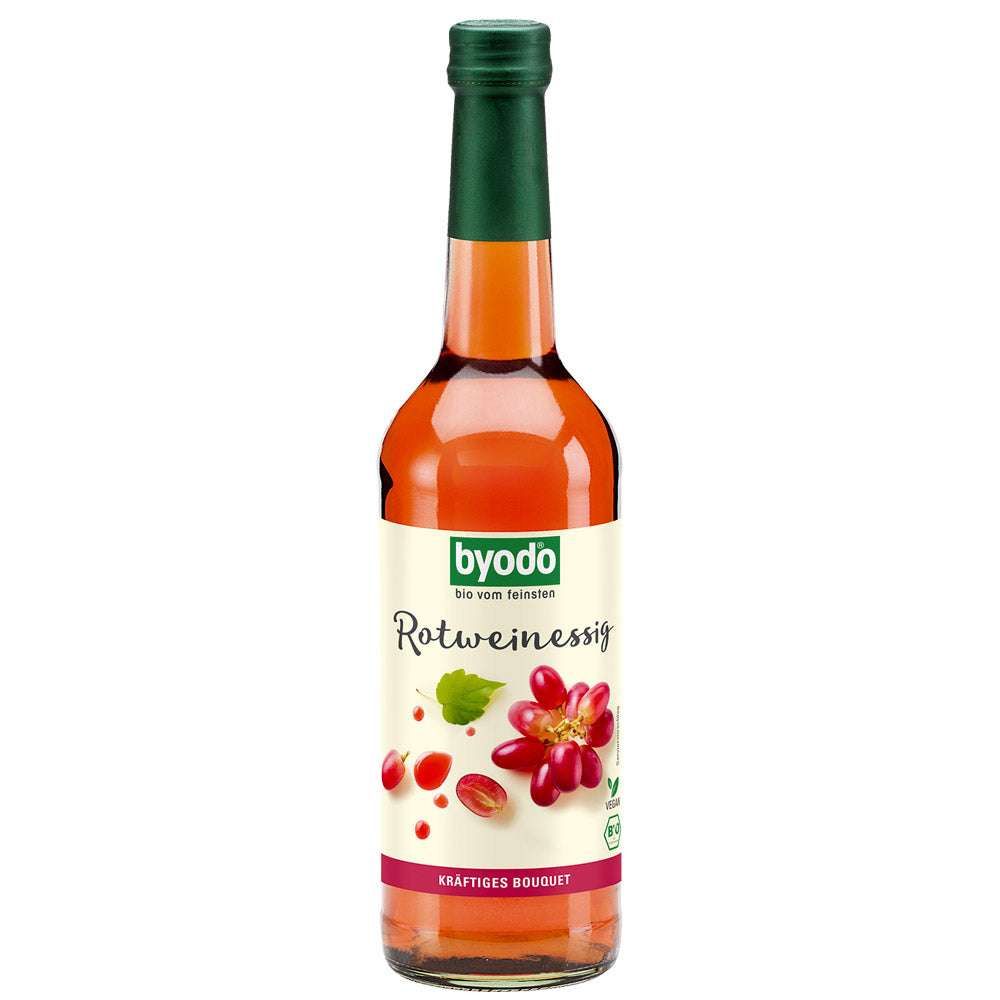 BYODO Rotweinessig Bio. Flasche mit grünem Verschluss. Etikett mit Produktname, Trauben-Illustration und Bio-Siegel.