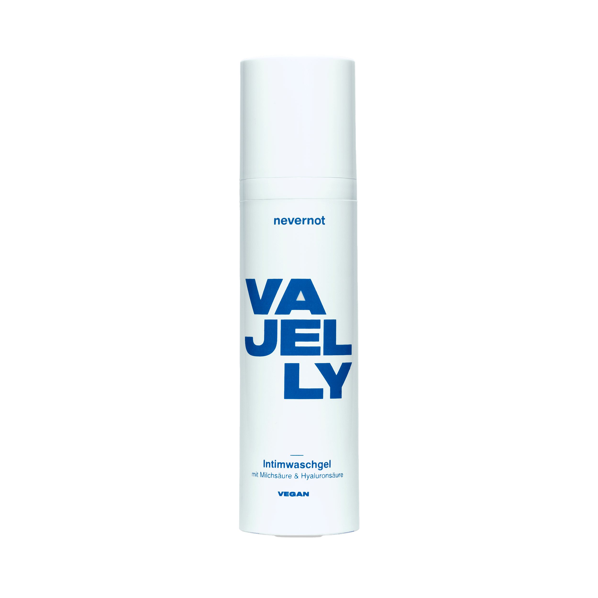 Weißes nevernot VAJELLY Intimwaschgel. Blaue Schrift. Vegan.