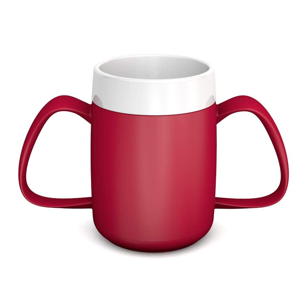 Roter Becher mit zwei Griffen und weißem Rand. Der Becher hat eine zylindrische Form.