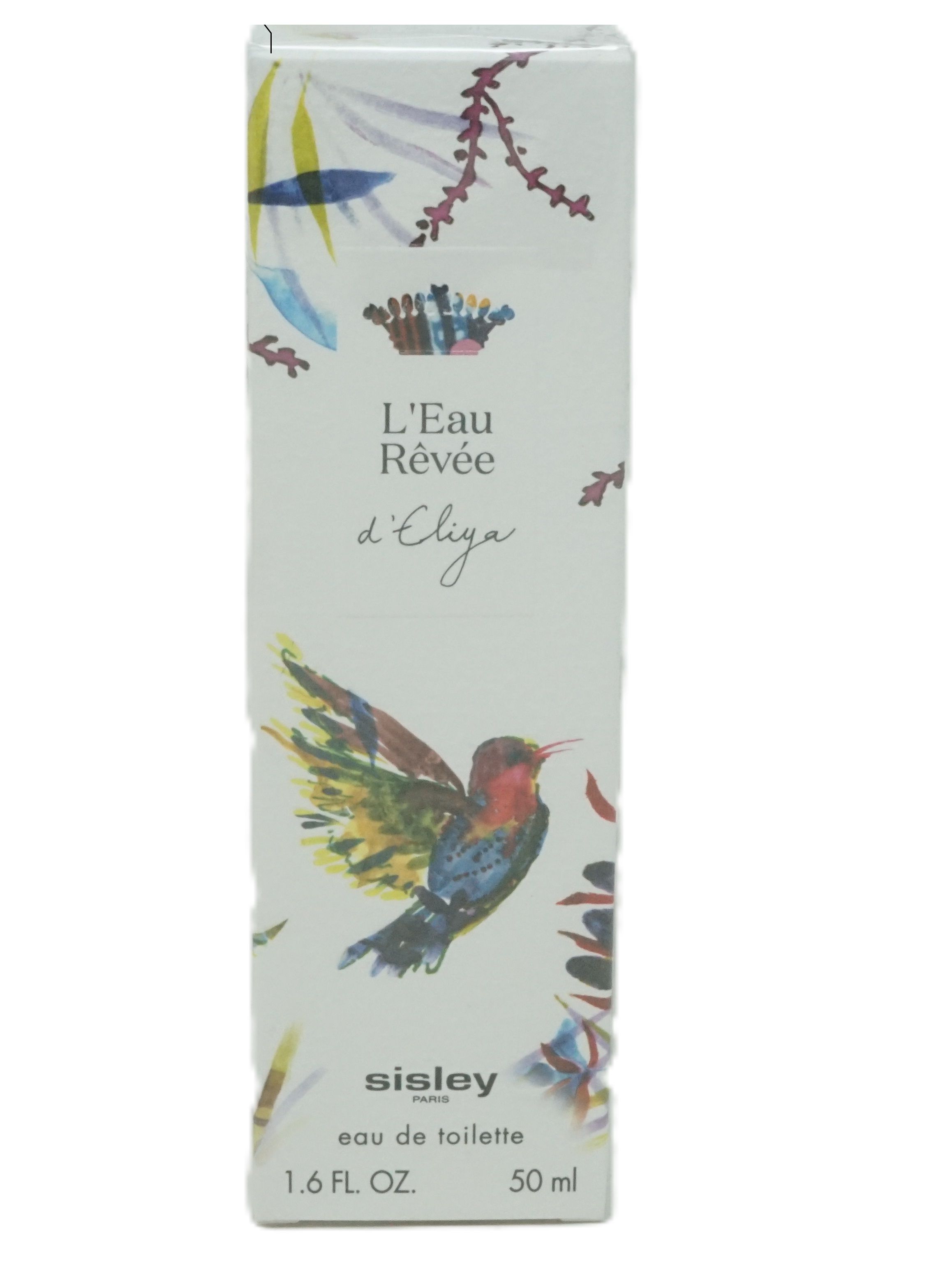 Kartonverpackung mit floralen Illustrationen und einem Kolibri-Motiv. Text: L'Eau Rêvée d'Eliya, Sisley, Eau de Toilette.