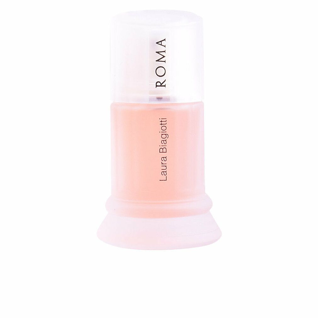 Parfümflakon mit weißem Deckel. Schriftzug ROMA und Laura Biagiotti. Rosa Flüssigkeit sichtbar.