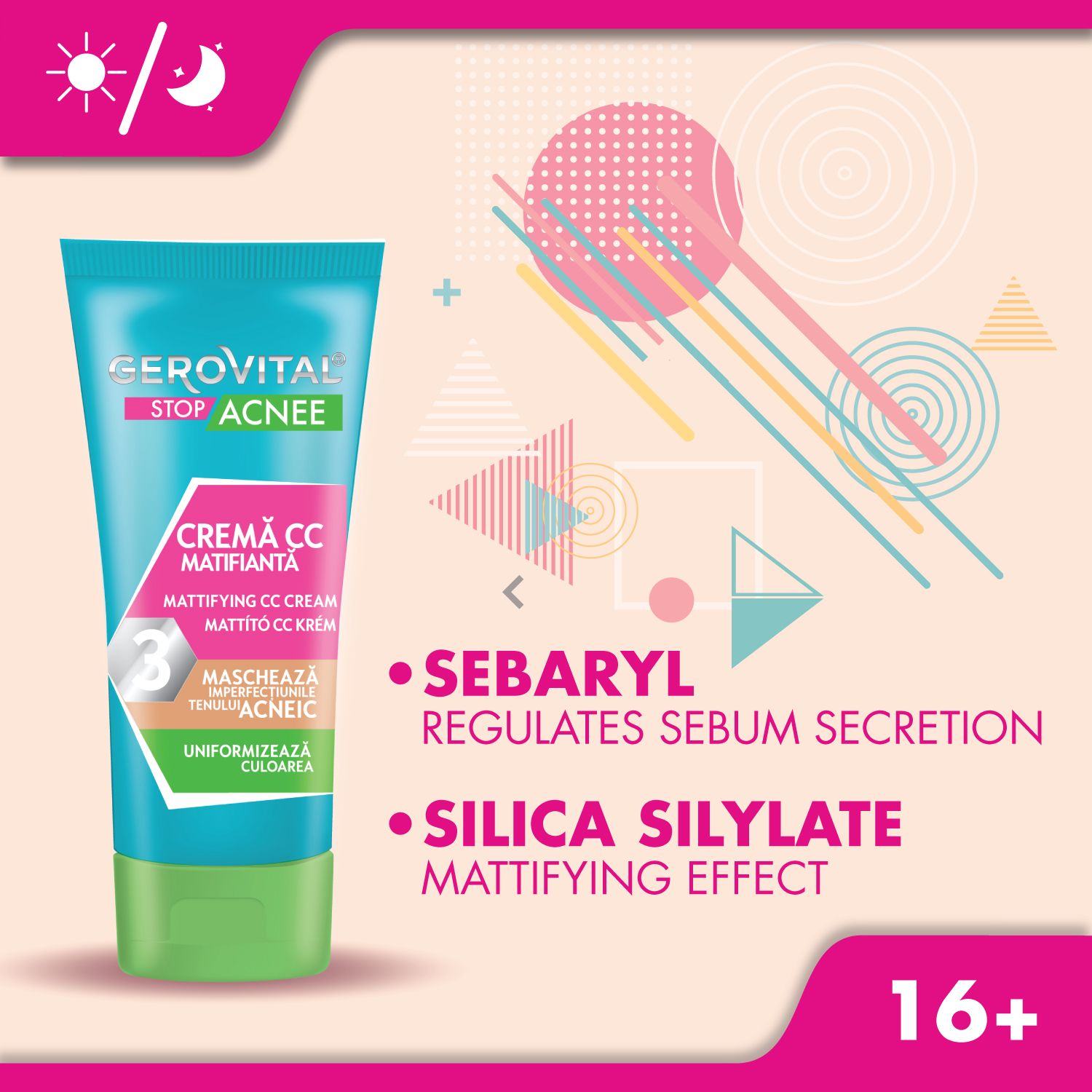 Gerovital Stop Acnee CC Creme Tube mit Text. Text: Sebaryl reguliert die Talgsekretion. Silica Silylate mattiert.