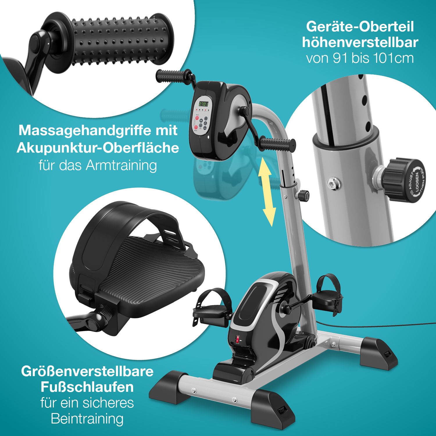 Arm- und Beintrainer. Massagehandgriffe, höhenverstellbar. Fußschlaufen. Details des Geräts. Grauer und schwarzer Hintergrund.