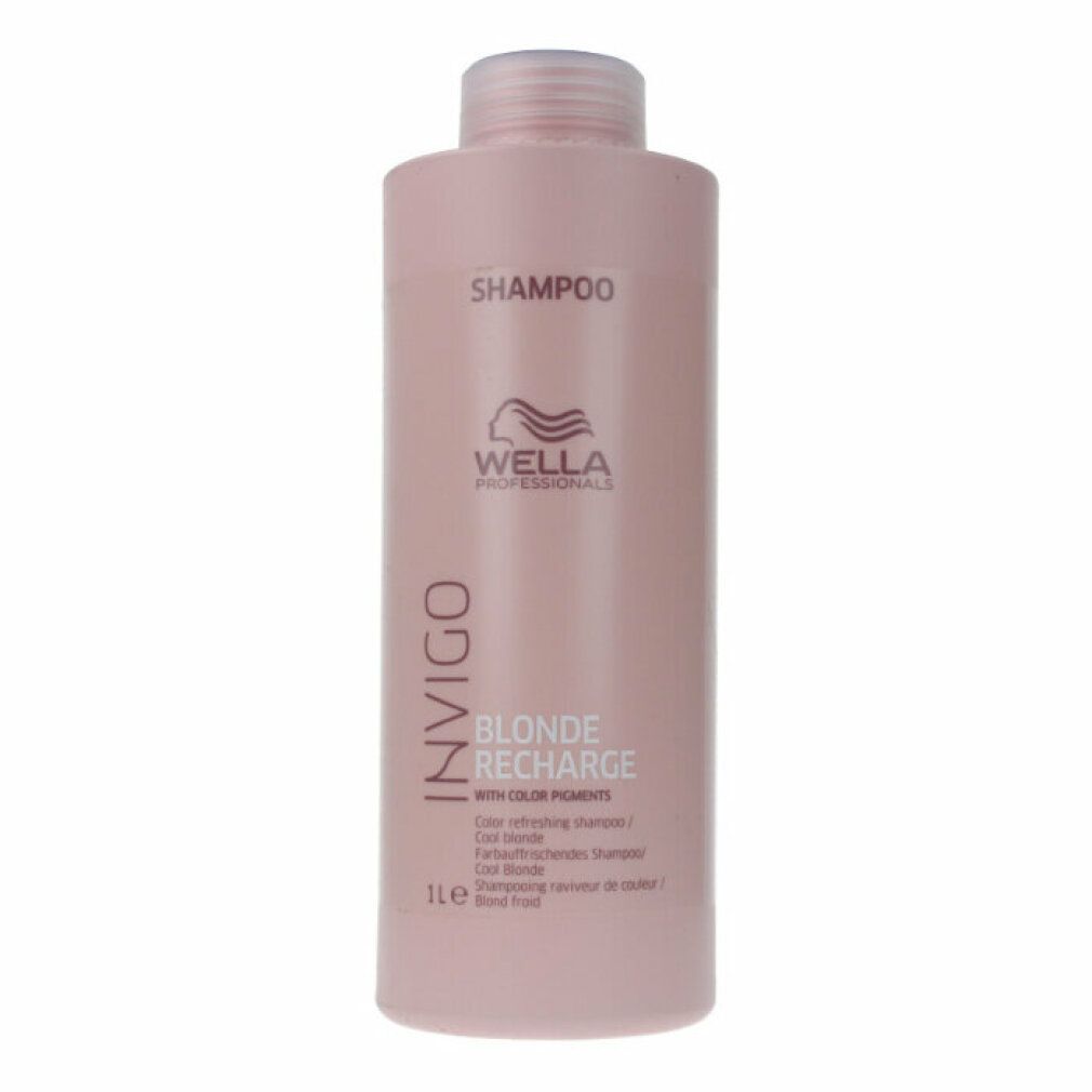 Rosa Shampoo-Flasche mit INVIGO, BLONDE RECHARGE, Wella Professionals. Text: Color refreshing shampoo. 1l.