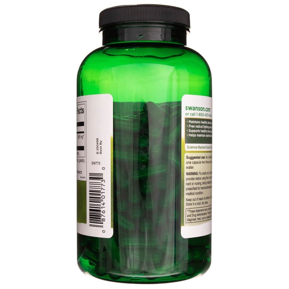 Grüne Dose mit Swanson Weißdornbeere Kapseln, Rückseite mit Barcode und Produktinformationen.
