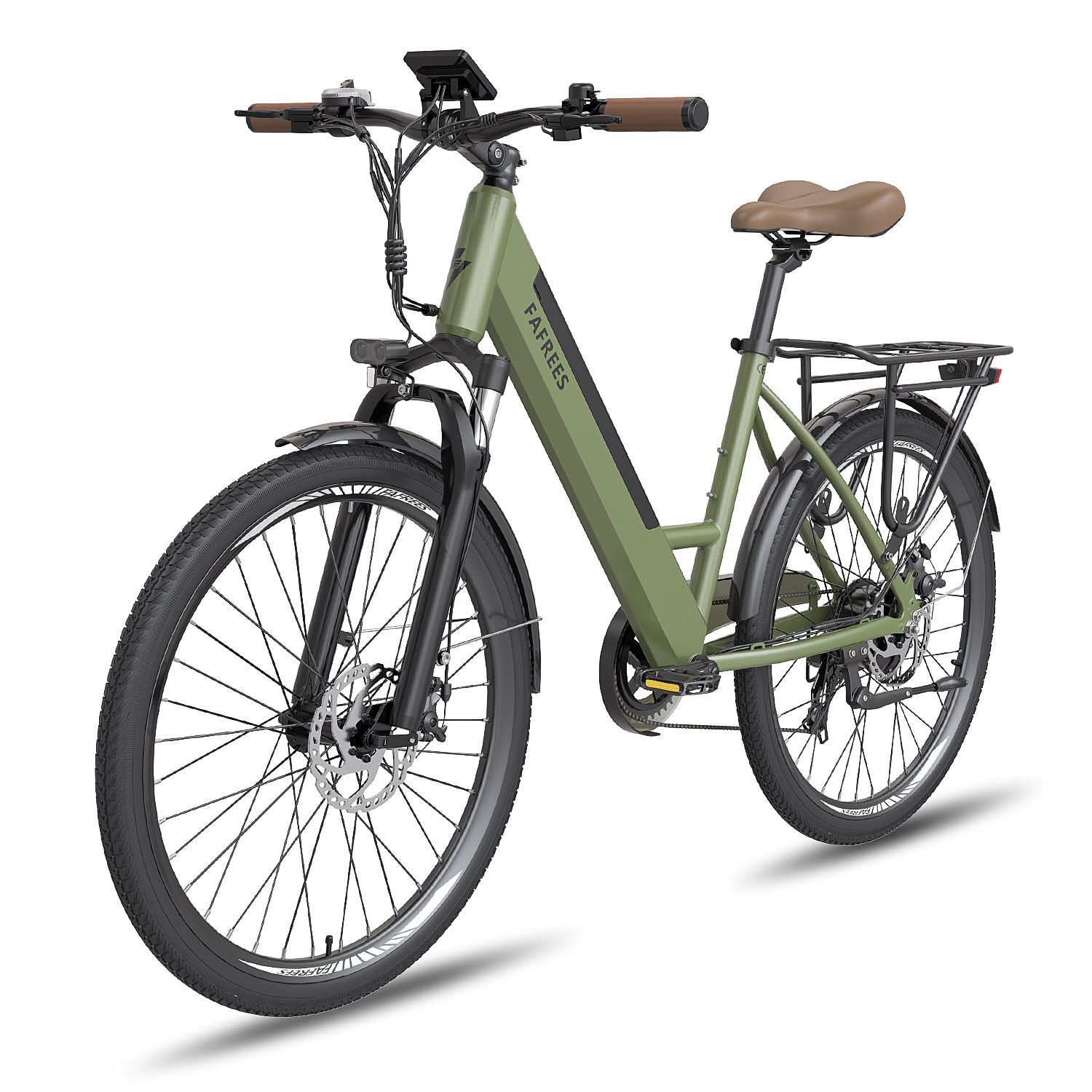 Grünes E-Bike FAFREES. Schwarze Reifen und Schutzbleche. Brauner Sattel. Frontansicht.