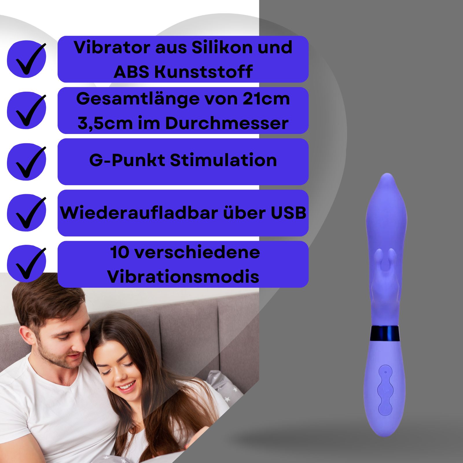 Lila Vibrator. Text: Vibrator aus Silikon und ABS, 21 cm lang, 3,5 cm Durchmesser, G-Punkt-Stimulation, USB-Aufladung, 10 Modi. Paar im Hintergrund.