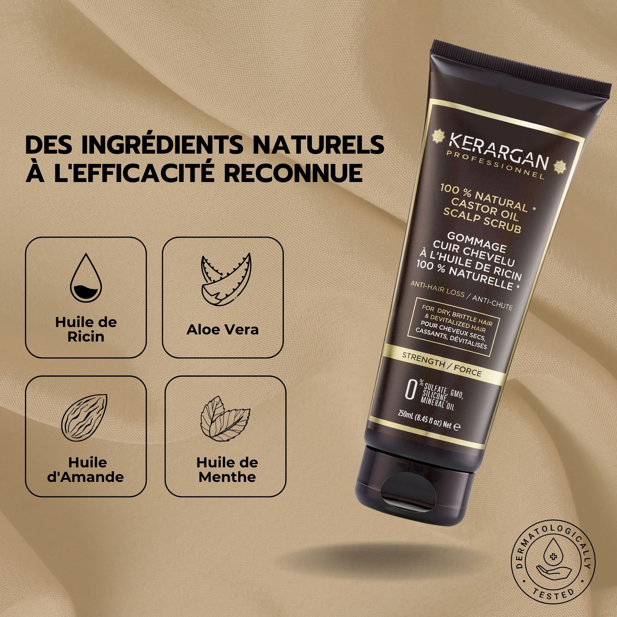Icônes carrées avec ingrédients : huile de ricin, aloe vera, huile d'amande, huile de menthe. Produit Kerargan.