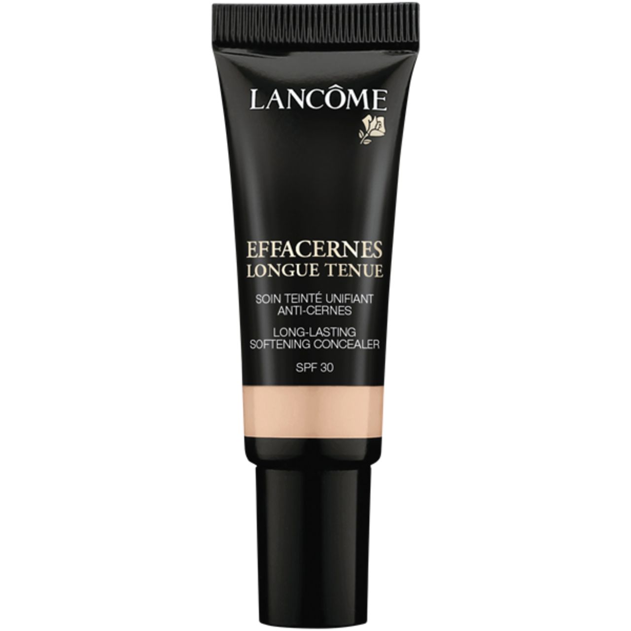 Lancôme Effacernes Longue Tenue SPF 30 Concealer-Tube. Schwarz, mit Produktnamen und SPF 30. Beige Farbton.