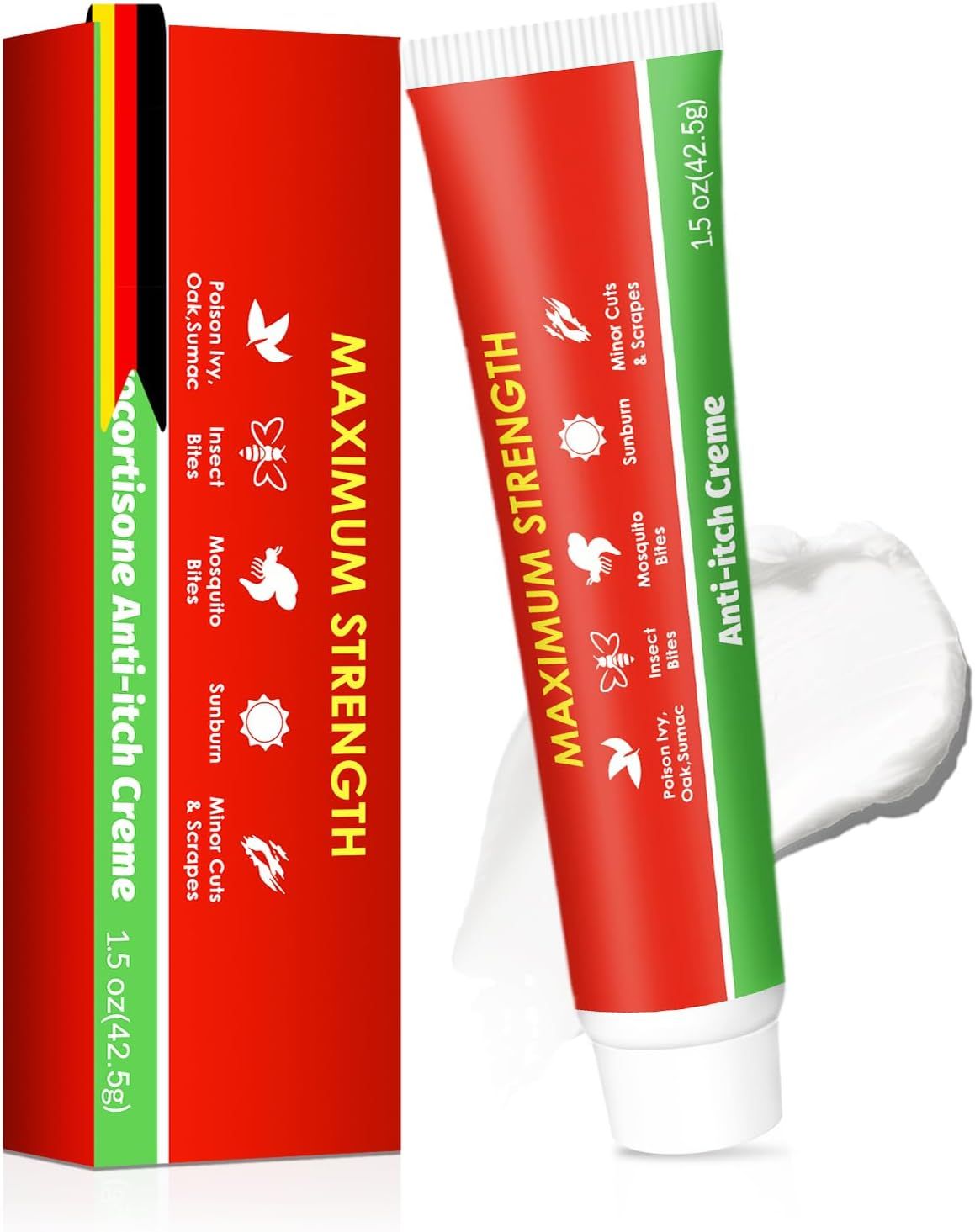Rote Schachtel und Tube. Text: Maximum Strength, Anti-Juckreiz Creme. Creme wird aus der Tube gedrückt.
