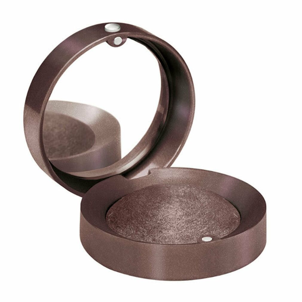 Runder, brauner Lidschatten-Behälter mit Spiegel. Geöffnet, Lidschatten sichtbar. Kleiner, runder Behälter.