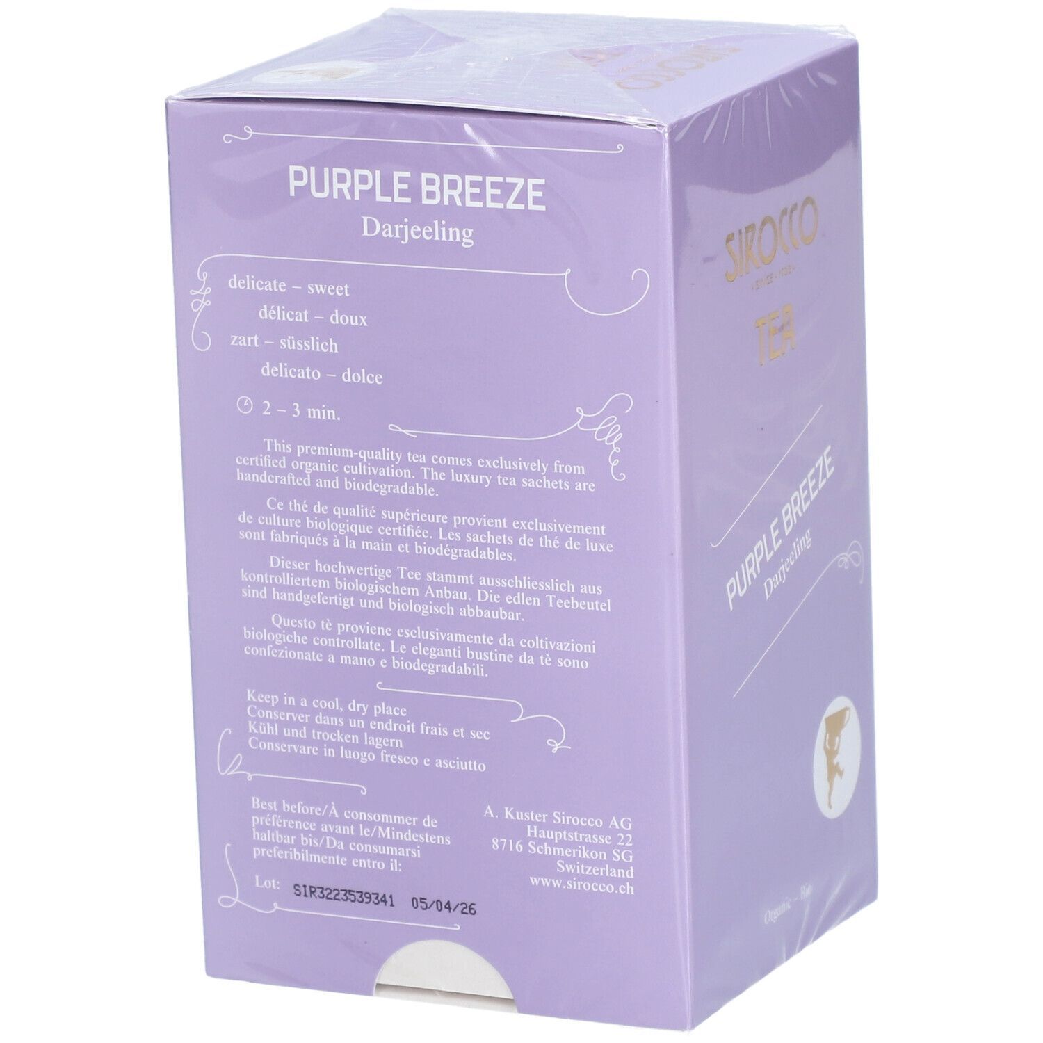 Rückseite der lila Teebox mit Informationen. "Purple Breeze Darjeeling" und Logo.