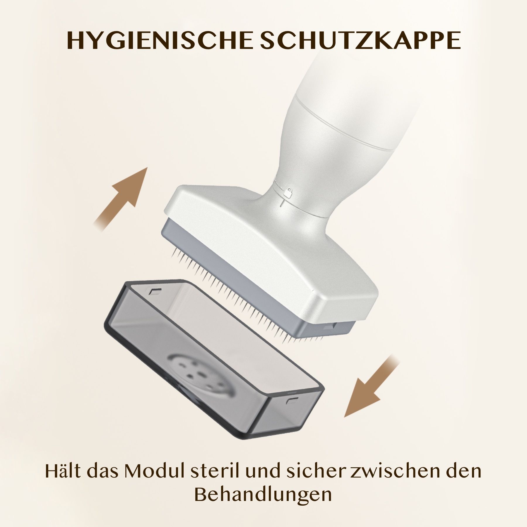 BioPen mit Aufsatz und hygienischer Schutzkappe. Kappe wird aufgesetzt. Pfeile zeigen die Richtung. Modul steril halten.