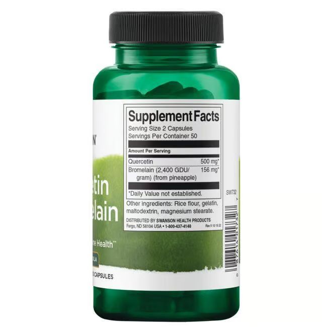 Grüne Flasche mit schwarzem Deckel. Rückseite mit Nährwertangaben: Quercetin, Bromelain.