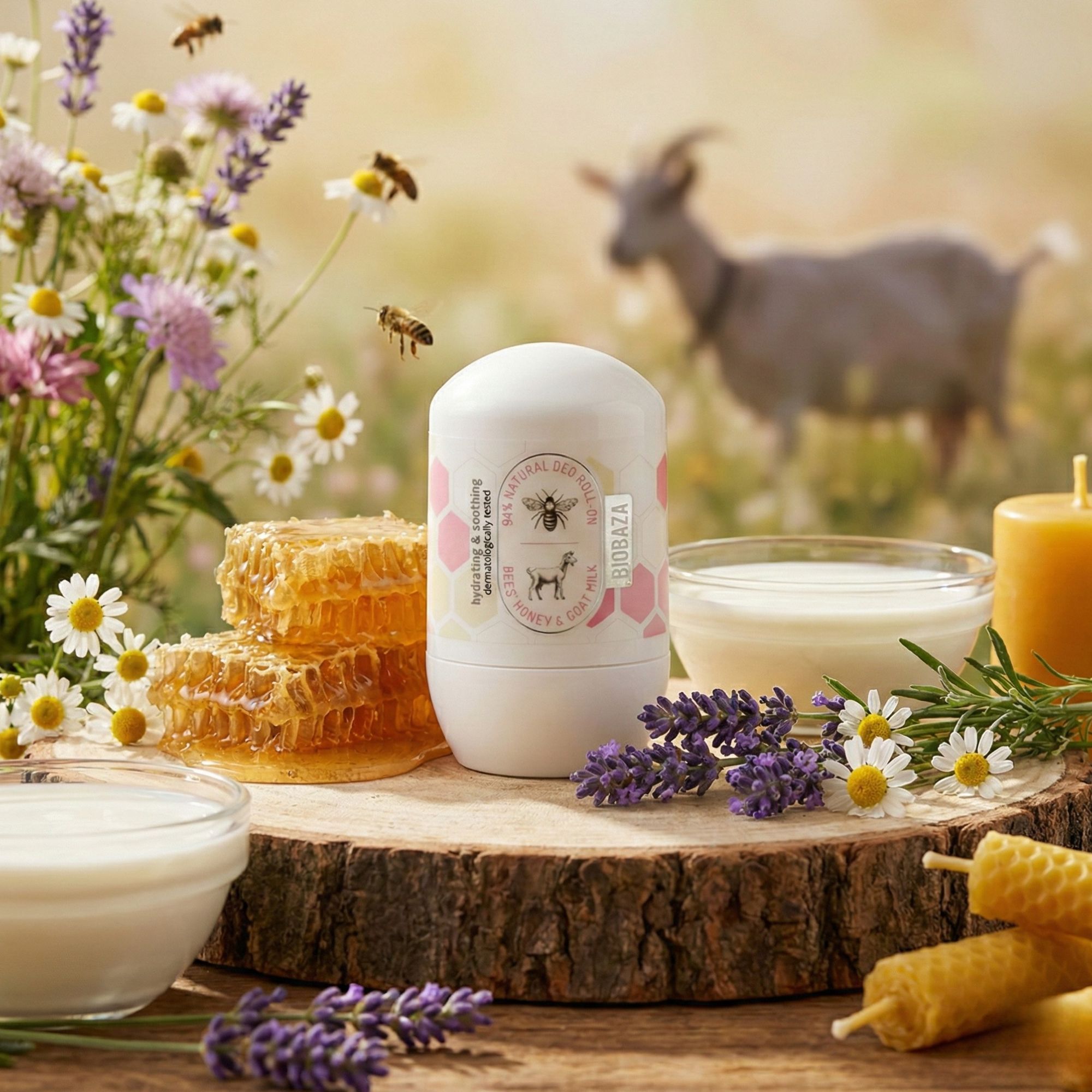 Roll-on-Deo auf einem Holzbrett. Honigwaben, Milchschalen, Lavendel und Bienen im Hintergrund. Ziegen.