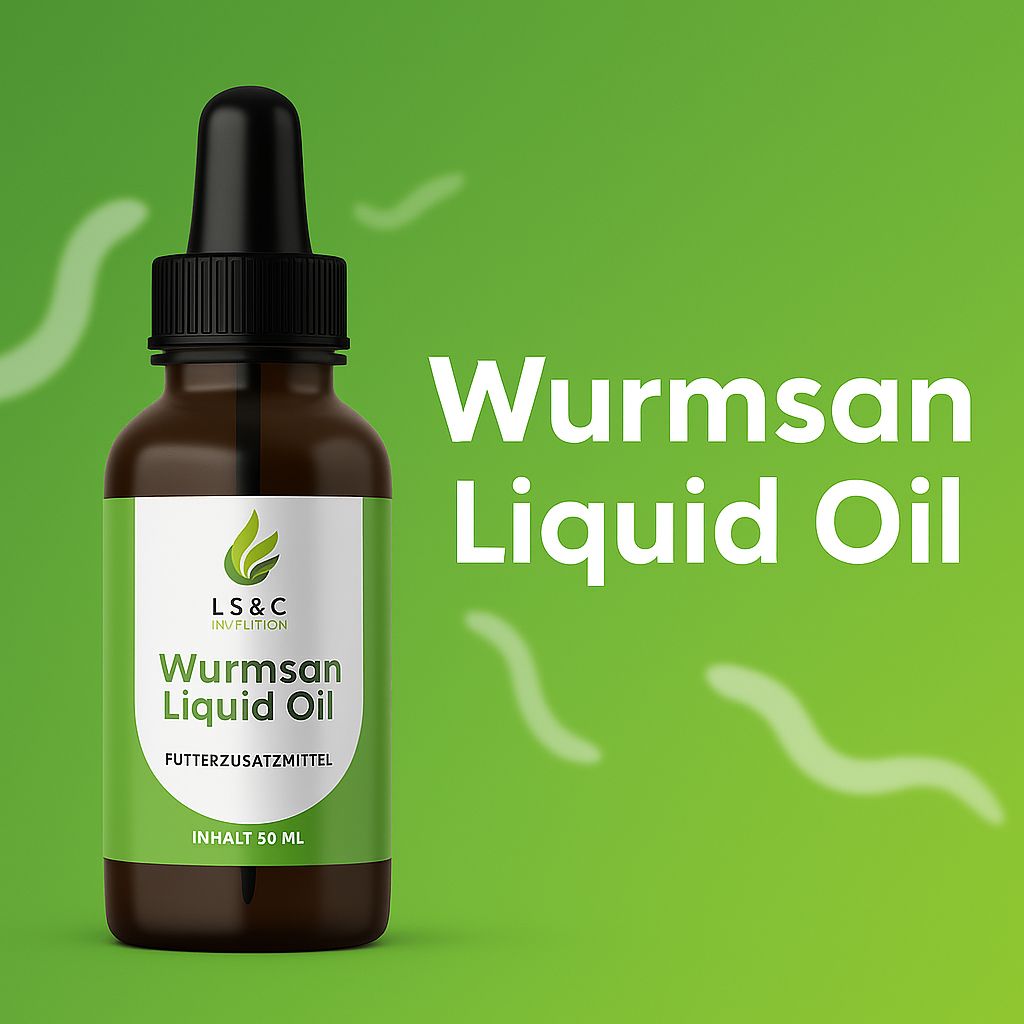 Braune Glasflasche mit Tropfer, Etikett mit Wurmsan Liquid Oil und LS&C Nutrition. Grüner Hintergrund mit weißem Text und Wurm-Illustrationen.